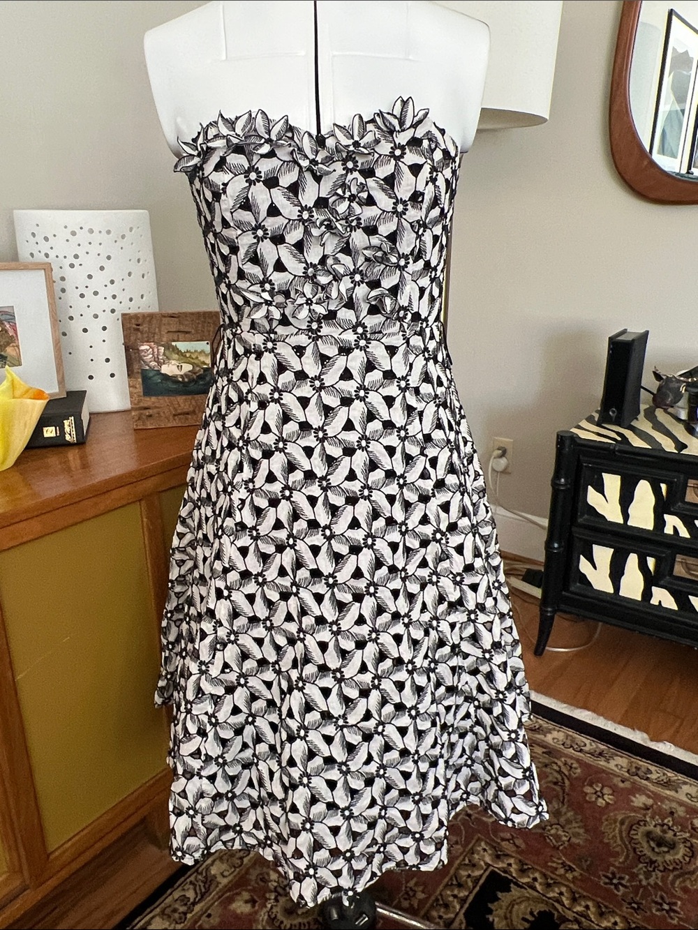 Moulinette Soeurs Strapless Black and White Floral A-Line Dress